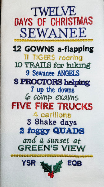 Sewanee 12 Days of Christmas Flour Sack Towel - gift for Sewanee lover