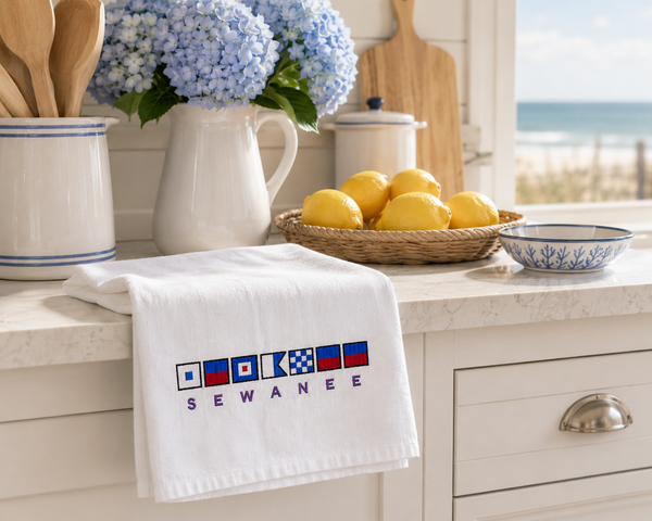 Sewanee Nautical Kitchen Towel | Embroidered Flour Sack Towel | Coastal Dorm Decor | Lake or Beach House hostess gift | Sewanee Alumni Gift