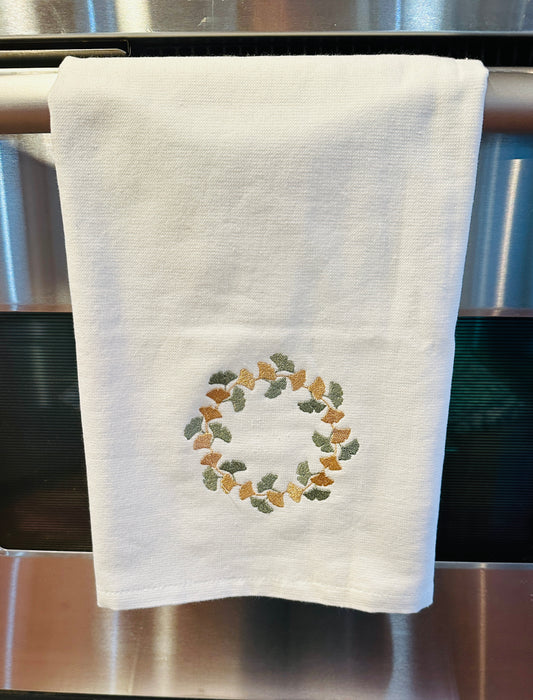 Ginkgo Leaf Wreath Embroidered Kitchen Towel