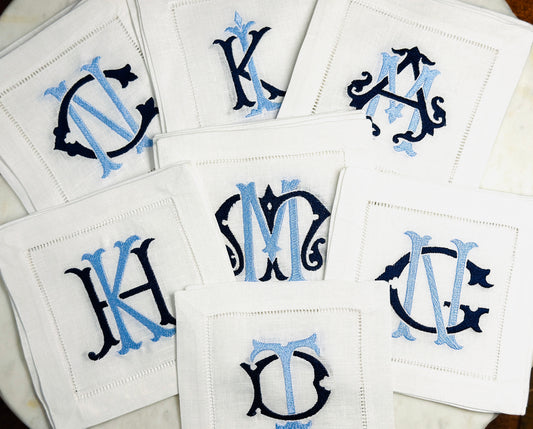 Personalized Navy & Light Blue Monogram Cocktail Napkins - Set of 4