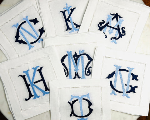 Personalized Monogram Cocktail Napkins – Set of 4 | Embroidered Navy & Light Blue | Hostess Gift, Wedding Shower, Chinoiserie Decor