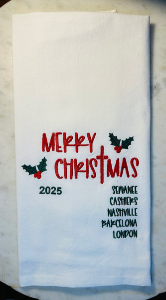 Custom “Merry Christmas” Flour Sack Towel  - Personalized with Your Favorite Cities or Travel Destinations