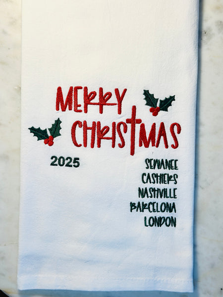 Custom “Merry Christmas” Flour Sack Towel  - Personalized with Your Favorite Cities or Travel Destinations