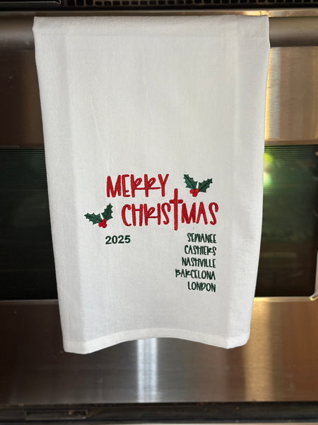 Custom “Merry Christmas” Flour Sack Towel  - Personalized with Your Favorite Cities or Travel Destinations
