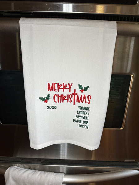 Custom “Merry Christmas” Flour Sack Towel  - Personalized with Your Favorite Cities or Travel Destinations