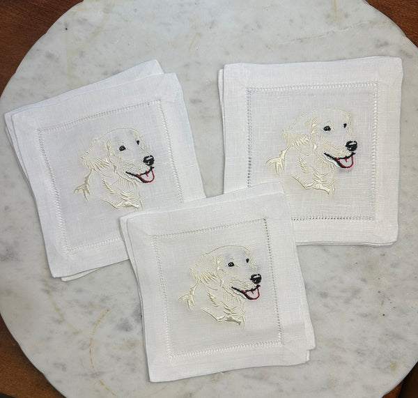 Set of four embroidered English Cream Retriever hemstitched cocktail napkins