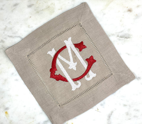 Two Initial Interlocking Monogrammed Cocktail Napkins
